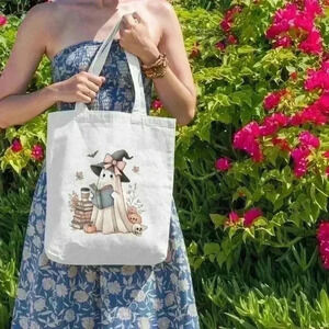 Pink girl ghost reading a book recycled tote bag